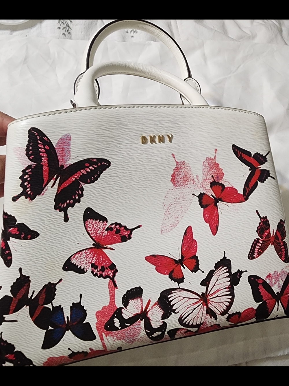 DKNY White Satchel with Pink & Red Butterfly Print